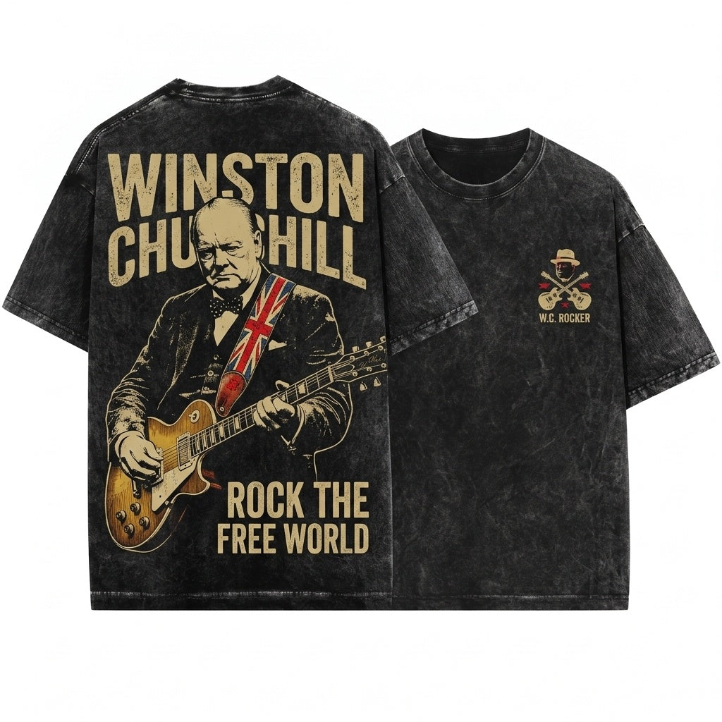 Winston Churchill Playing Electric Guitar Vintage Rocker Humor Funny Historical Graphic Unisex Wash T-Shirt