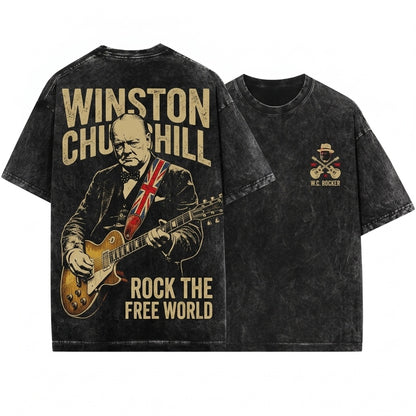Winston Churchill Playing Electric Guitar Vintage Rocker Humor Funny Historical Graphic Unisex Wash T-Shirt