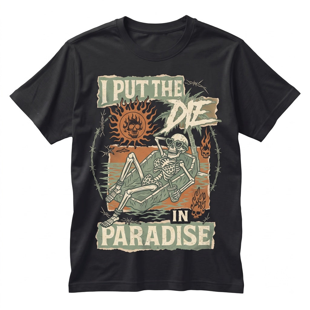 I Put The Die In Paradise Spooky Skeleton Pool Coffin Floaty Halloween July Creepy Cute Summer Goth Graphic Apparel Unisex TShirt
