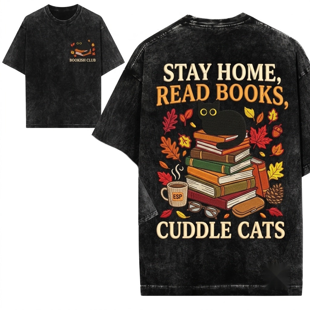 Embroidered Cozy Fall Black Cat Books Reader Halloween Gift Unisex Wash T-Shirt