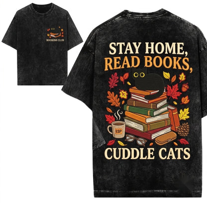 Embroidered Cozy Fall Black Cat Books Reader Halloween Gift Unisex Wash T-Shirt