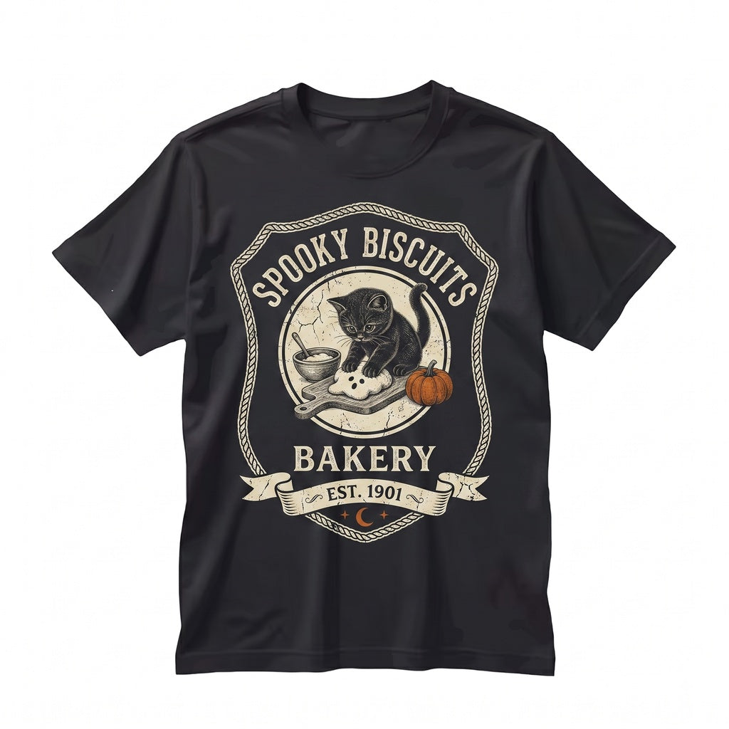Kitty Biscuits Spooky Halloween Pumpkin Black Cat Vintage Baking Cozy Fall Apparel Unisex TShirt