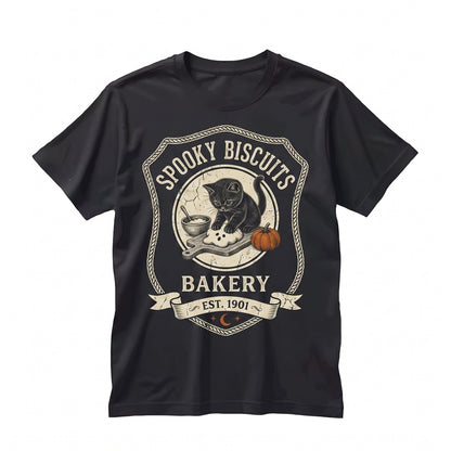 Kitty Biscuits Spooky Halloween Pumpkin Black Cat Vintage Baking Cozy Fall Apparel Unisex TShirt
