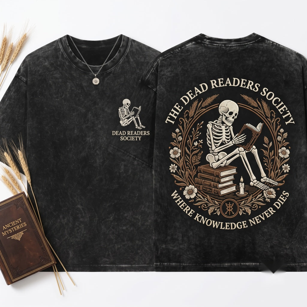 Embroidered Skeleton Reading Book Coffee Lover Spooky Fall Vibes Boo Basket Unisex Wash T-Shirt
