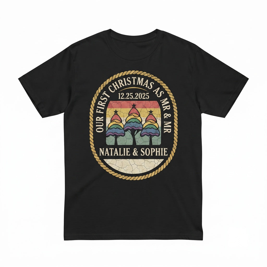 Personalized First Christmas Mr Mr Ornament Gay Couple Wedding Anniversary Keepsake LGBT Pride Xmas Gift Unisex TShirt