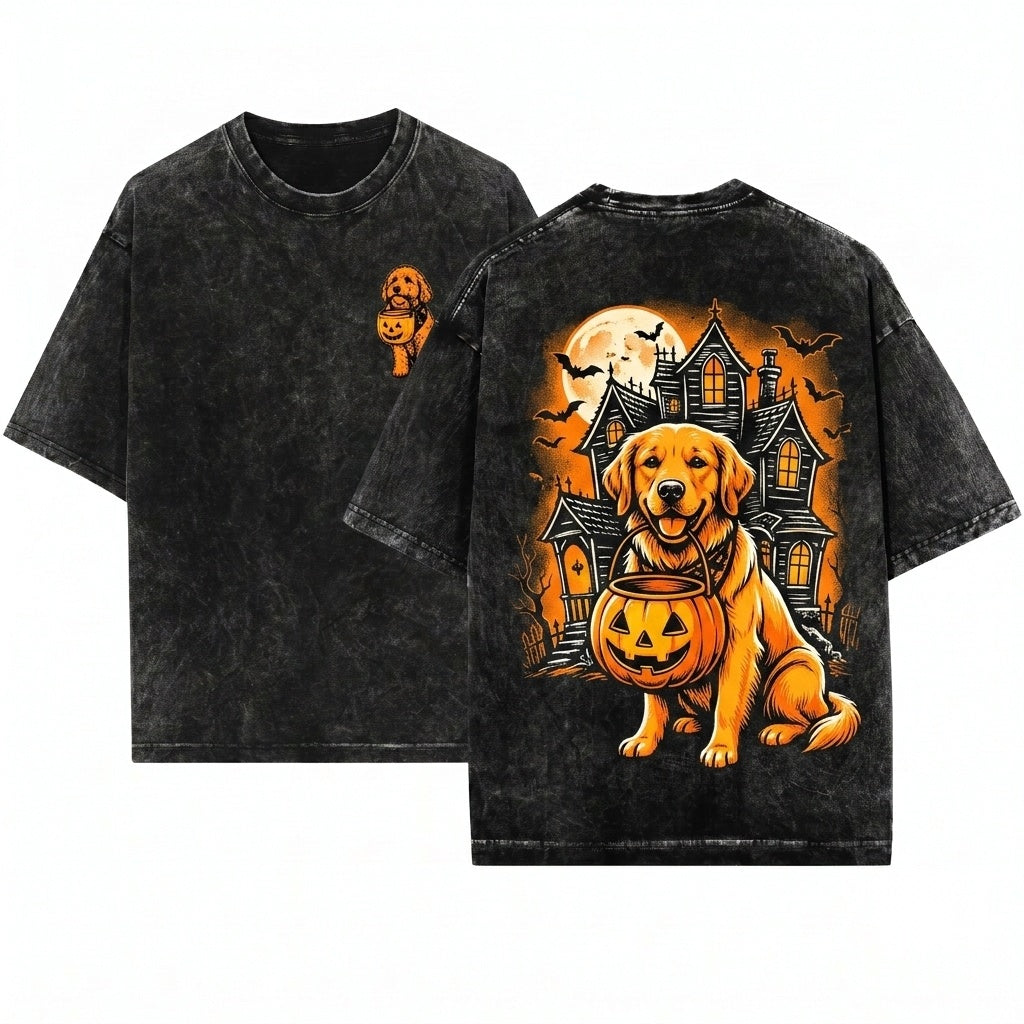 Personalized Dog Breeds Halloween Pumpkin Candy Bucket Trick Treat Pet Lover Costume Unisex Wash T-Shirt