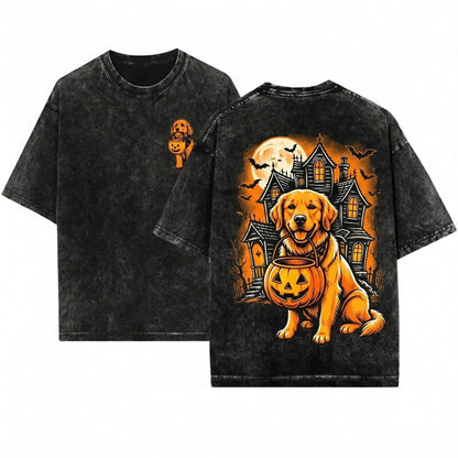 Personalized Dog Breeds Halloween Pumpkin Candy Bucket Trick Treat Pet Lover Costume Unisex Wash T-Shirt