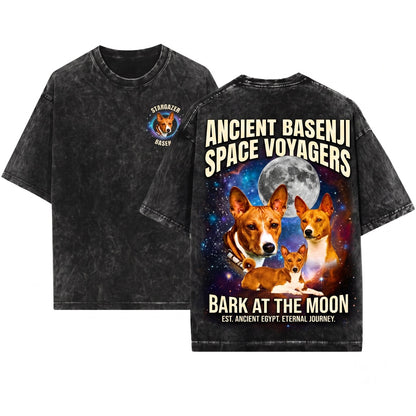 Three Basenji Moon Galaxy Space Graphic African Barkless Dog Cute Hunting Lover Gift Unisex Wash T-Shirt