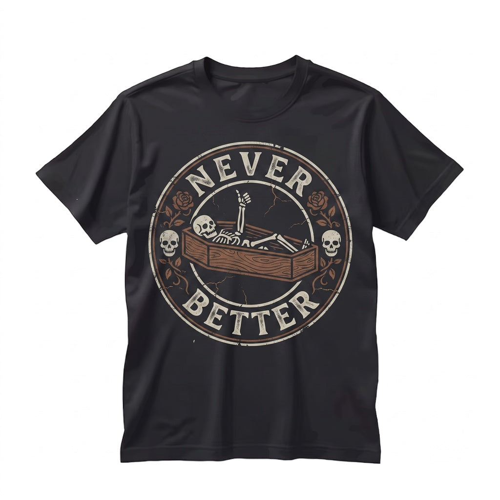 Never Better Funny Skeleton Coffin Meme Halloween Aesthetic Spooky Witch Pumpkin Costume Unisex TShirt