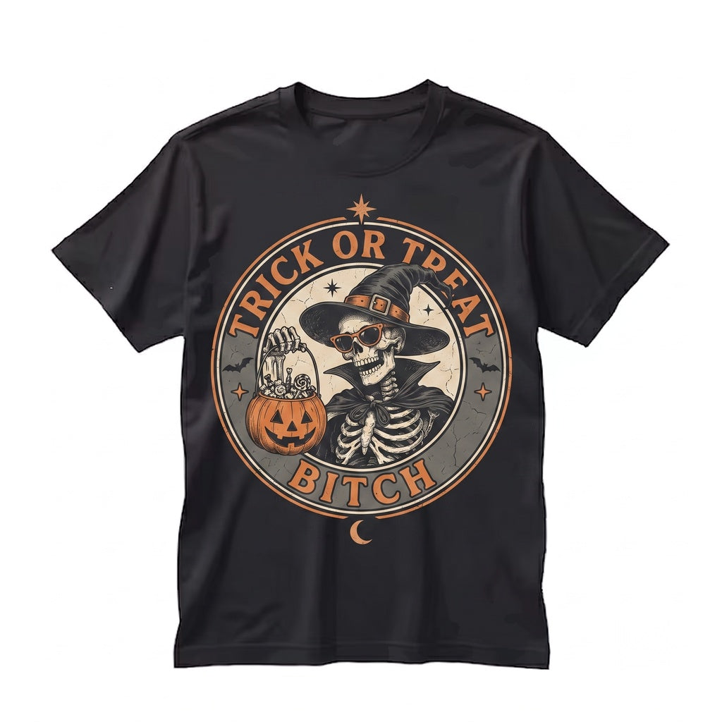 Funny Trick Or Treat Halloween Vintage Witch Skeleton Graphic Spooky Season Gift Unisex TShirt