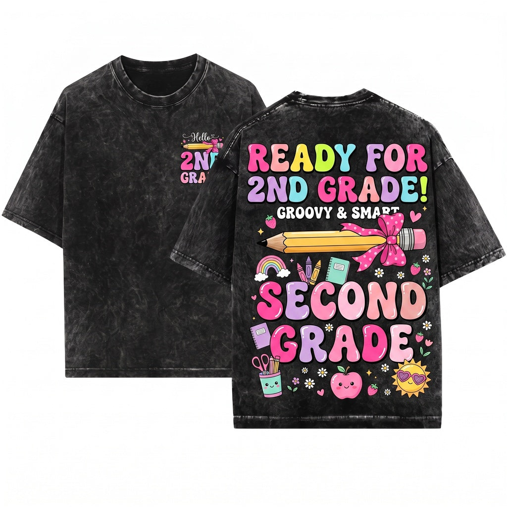 Hello Second Grade Girls First Day of School Cute Coquette Ribbon Bow Unisex Wash T-Shirt