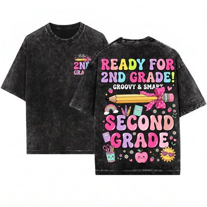 Hello Second Grade Girls First Day of School Cute Coquette Ribbon Bow Unisex Wash T-Shirt