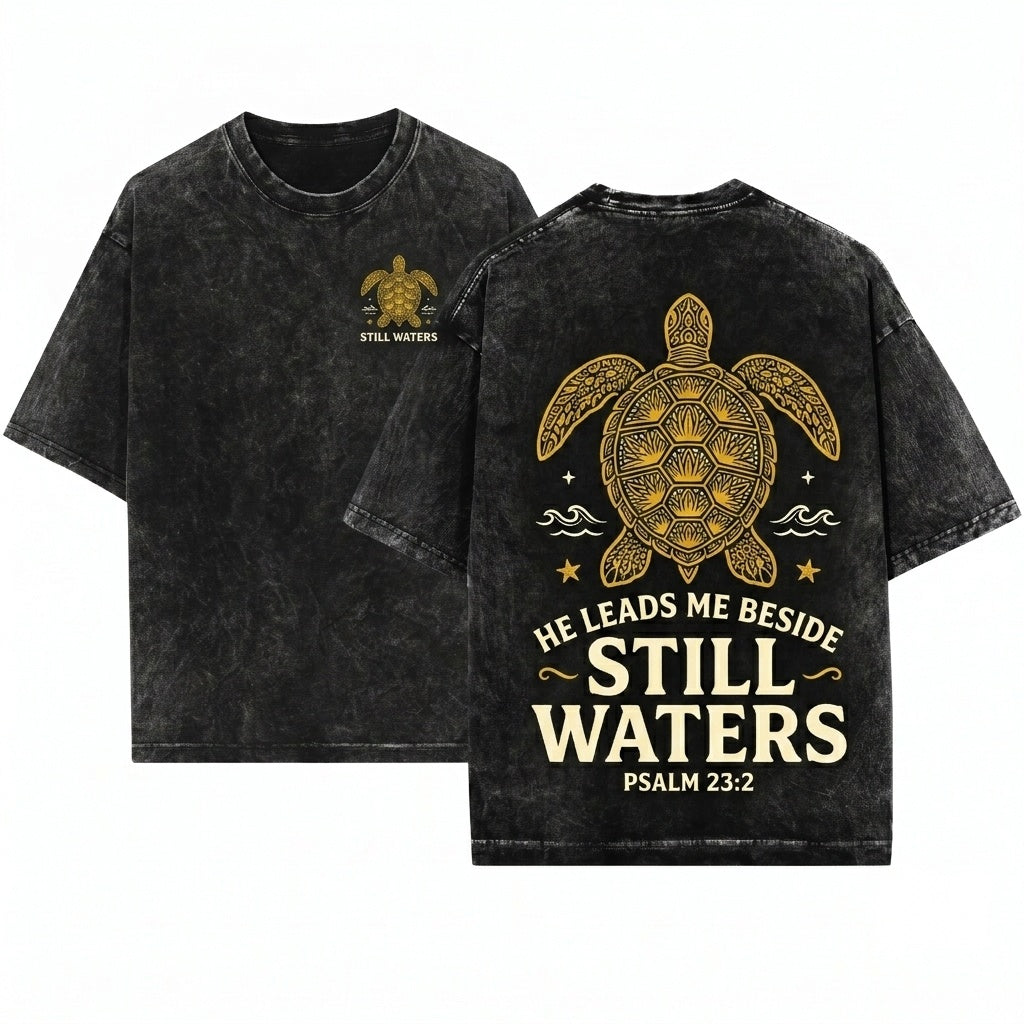 He Leads Me Beside Still Waters Psalm 23 Christian Sea Turtle Coastal Faith Beach Unisex Wash T-Shirt