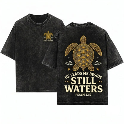 He Leads Me Beside Still Waters Psalm 23 Christian Sea Turtle Coastal Faith Beach Unisex Wash T-Shirt