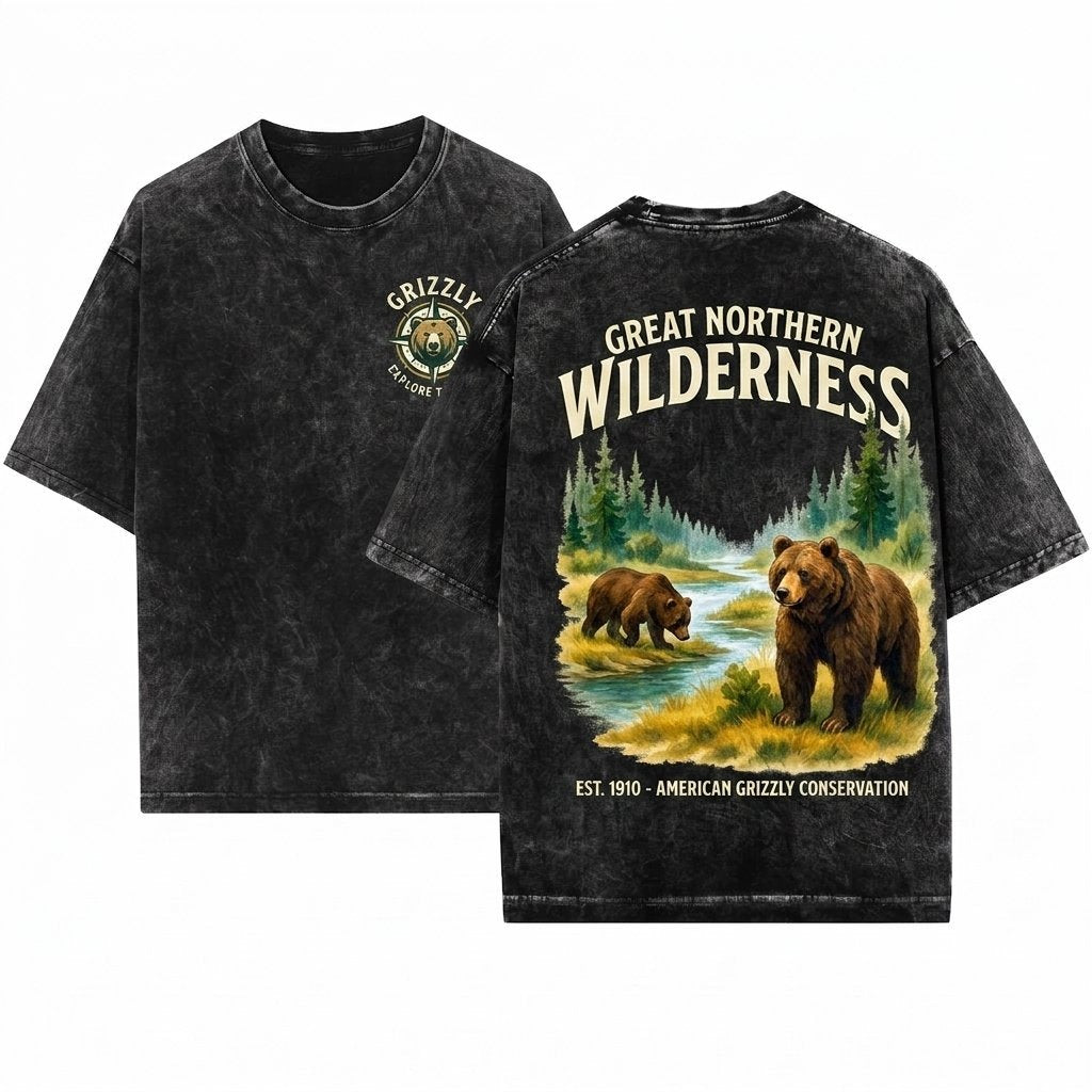 Retro Grizzly Bear Sweatshirt Vintage Wildlife Crewneck Forest Animal Sweater Nature Lover Gift Rustic Cabin Lodge Art Unisex Wash T-Shirt