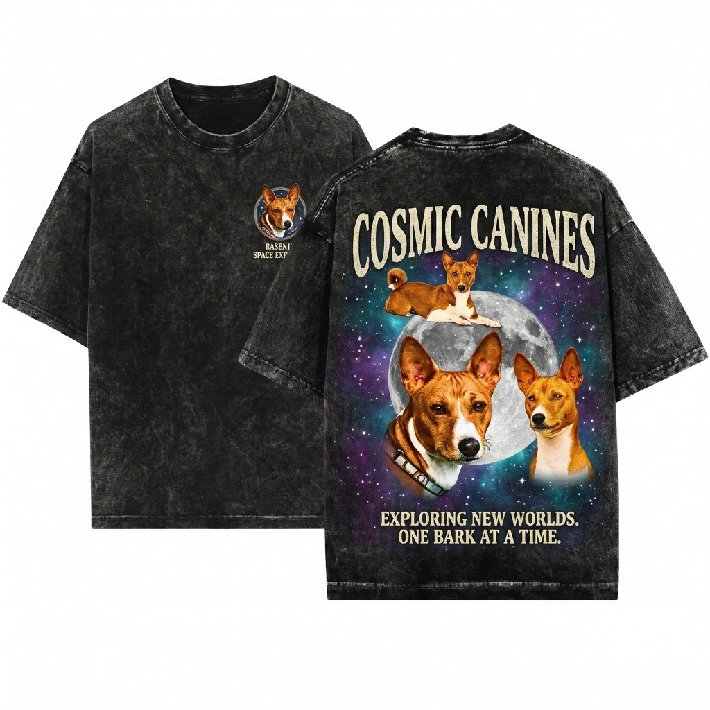 Three Basenji Moon Galaxy Space Graphic African Barkless Dog Cute Hunting Lover Gift Unisex Wash T-Shirt