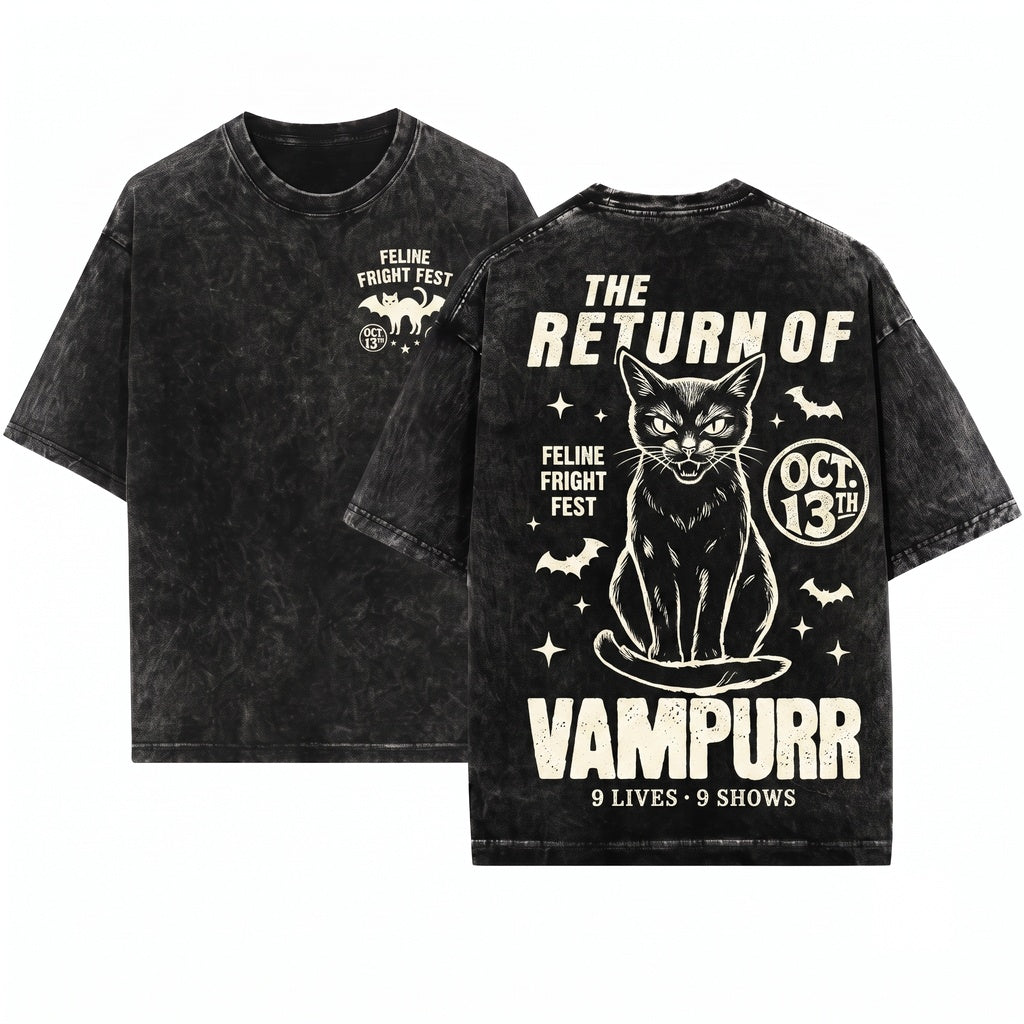 Funny Vampurr Black Cat Halloween Graphic Unisex Wash T-Shirt