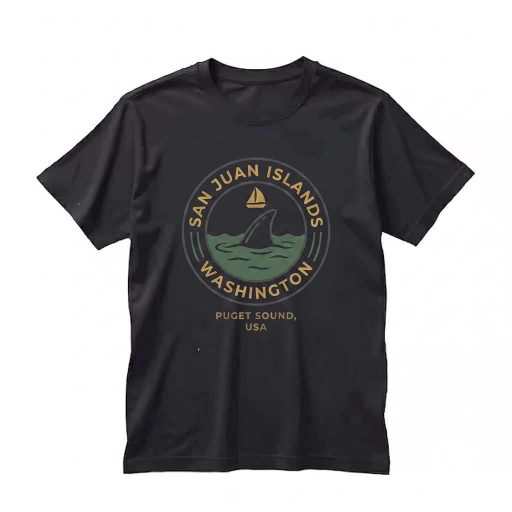 San Juan Islands Washington State Embroidered Sailboat Orca Whale Coastal Nature Lover Souvenir Gift Unisex TShirt