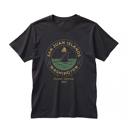 San Juan Islands Washington State Embroidered Sailboat Orca Whale Coastal Nature Lover Souvenir Gift Unisex TShirt