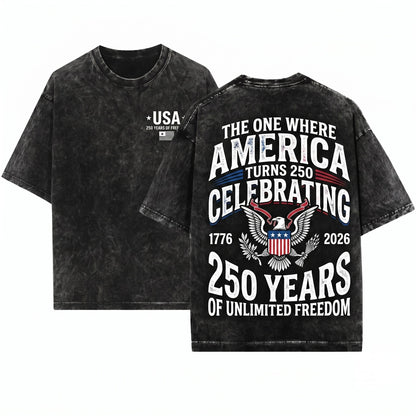 The One Where America Turns 250 Years 4th Of July Patriotic Garment-Dyed Summer Unisex Wash T-Shirt
