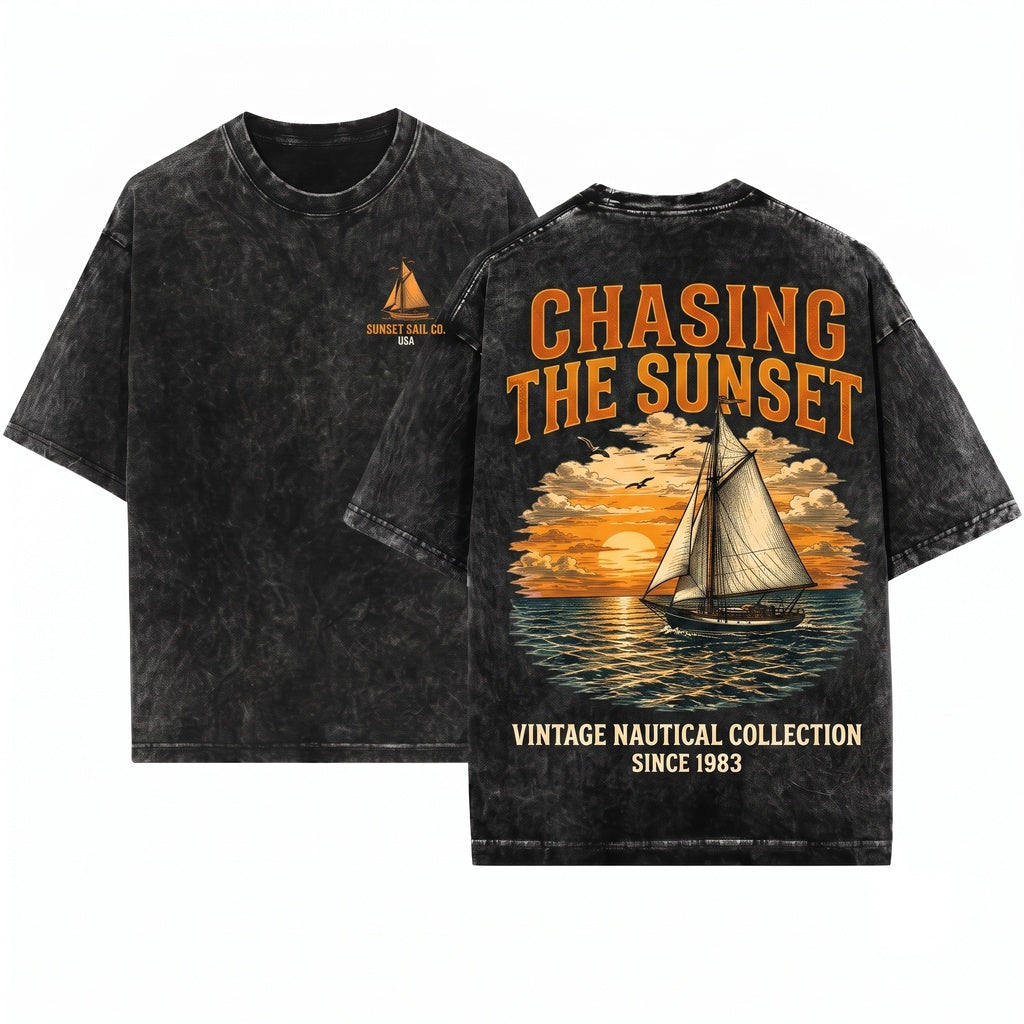 Classic Sailboat Ocean Sunset Graphic Coastal Nautical Seaside Nature Sailor Gift Unisex Wash T-Shirt