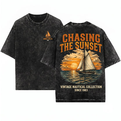 Classic Sailboat Ocean Sunset Graphic Coastal Nautical Seaside Nature Sailor Gift Unisex Wash T-Shirt