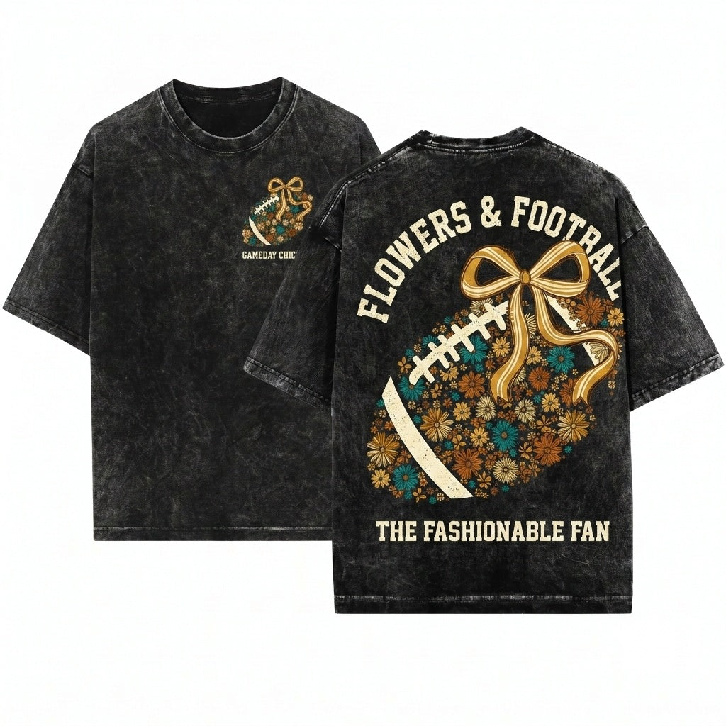Retro Floral Coquette Fall Football Game Day Touchdown Season Unisex Wash T-Shirt