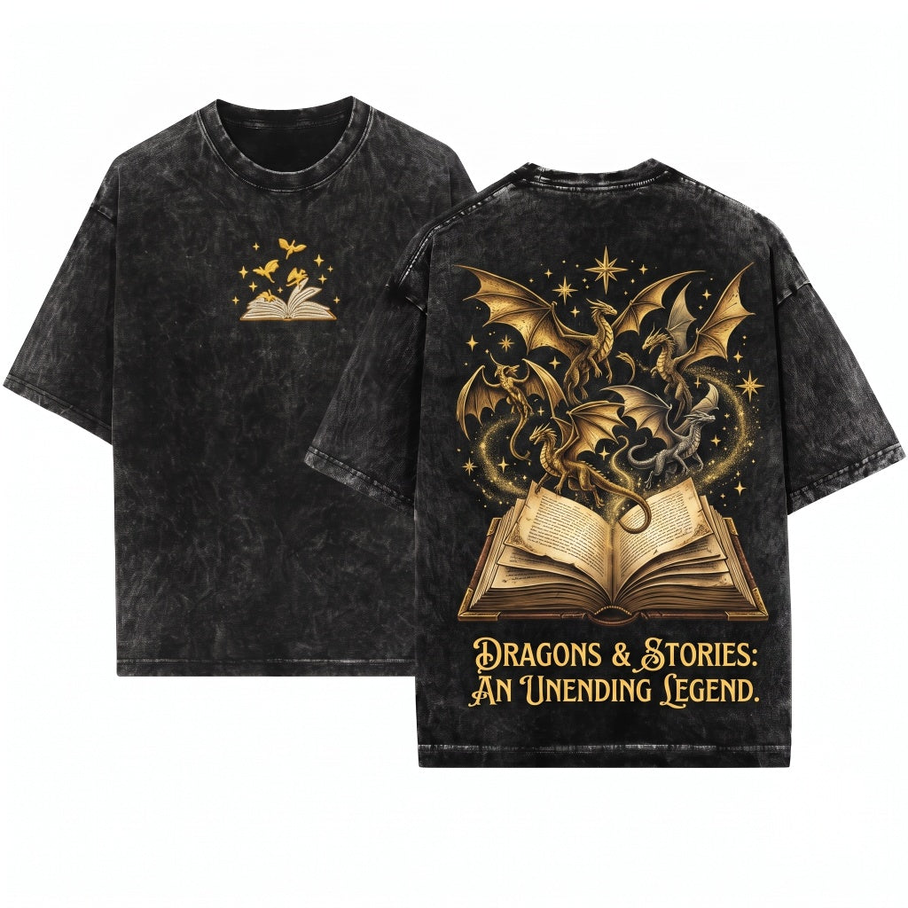 Dragon & Page Embroidered Bookish Fantasy Lovers Gift Unisex Wash T-Shirt