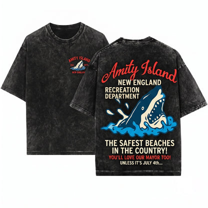 Retro Amity Island Funny Shark Movie Graphic Unisex Wash T-Shirt