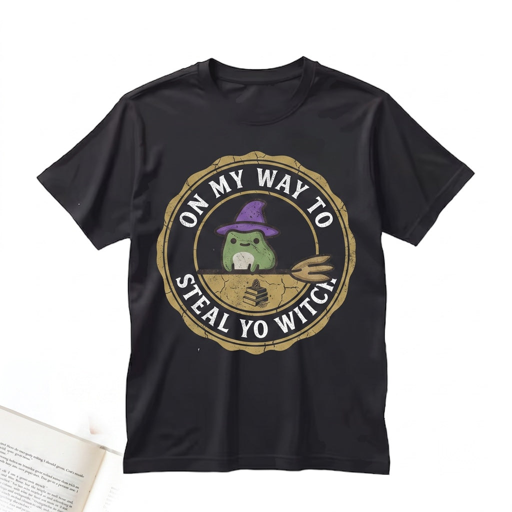 On My Way to Steal Embroidered Witch Frog Broomstick Funny Halloween Spooky Cute Gift Unisex TShirt