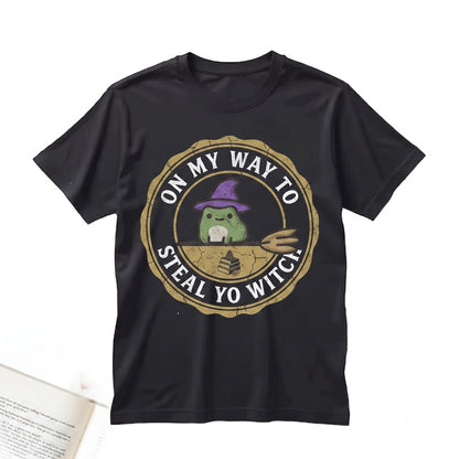 On My Way to Steal Embroidered Witch Frog Broomstick Funny Halloween Spooky Cute Gift Unisex TShirt