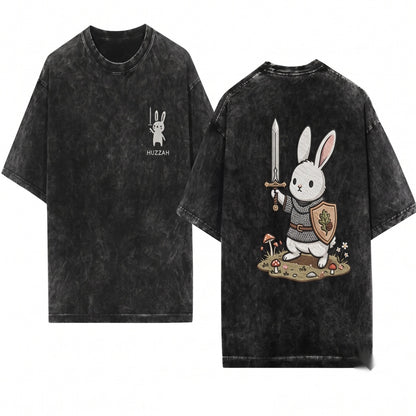 Huzzah Funny Medieval Embroidered Bunny With Sword Vintage Graphic Unisex Wash T-Shirt