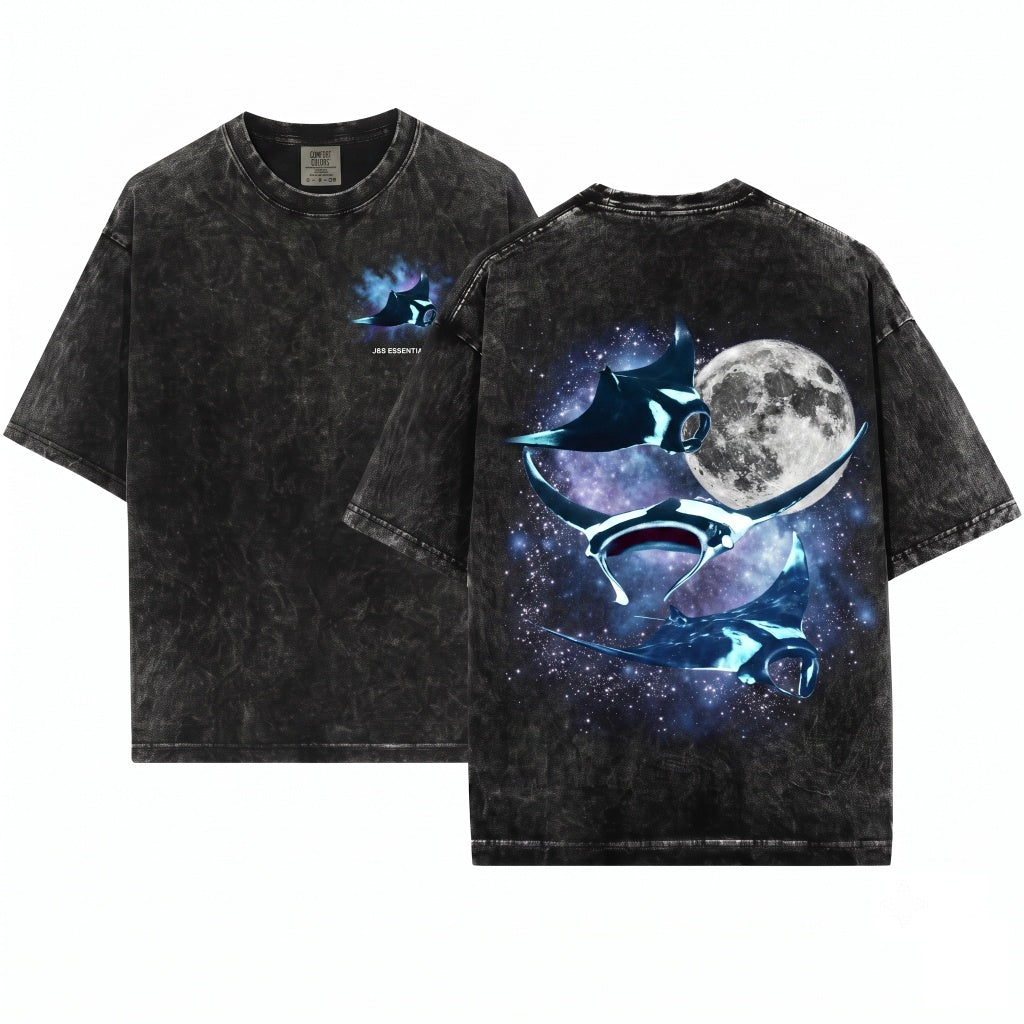 Three Manta Ray Moon Vintage Graphic Funny Meme Stingray Unisex Wash T-Shirt