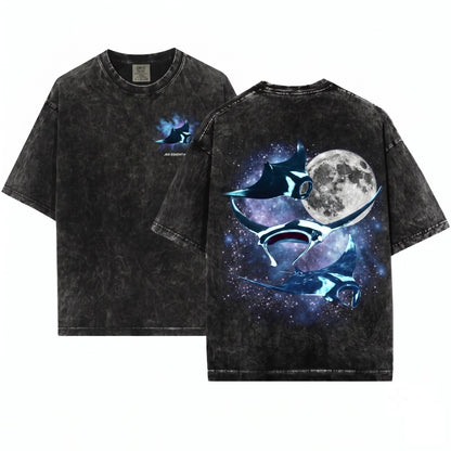 Three Manta Ray Moon Vintage Graphic Funny Meme Stingray Unisex Wash T-Shirt