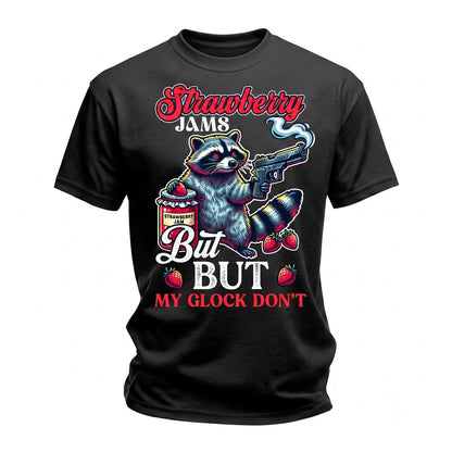 Funny Strawberry Jams Sarcastic Raccoon Gun Animal Meme Trash Panda Graphic Unisex TShirt