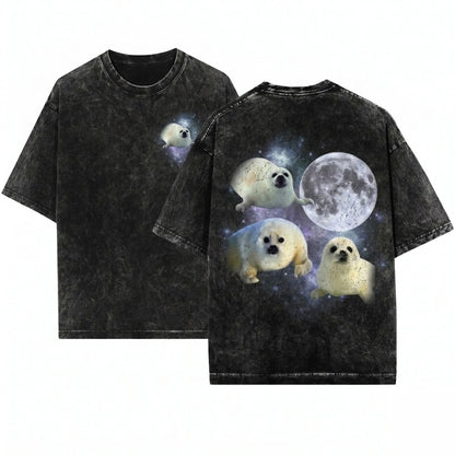 Three Baby Seal Retro Moon Vintage Graphic Cute Animal Lover Relaxed Adult Unisex Wash T-Shirt