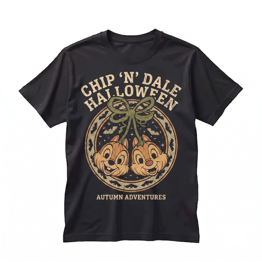 Vintage Halloween Chip Dale Pumpkin Heads Spooky Chipmunk Bow Magical Theme Park Unisex TShirt