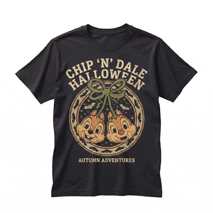 Vintage Halloween Chip Dale Pumpkin Heads Spooky Chipmunk Bow Magical Theme Park Unisex TShirt
