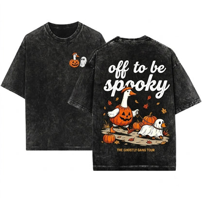 Funny Spooky Goose Walking Ghost Dog Cute Pumpkin Fall Halloween Graphic Season Unisex Wash T-Shirt