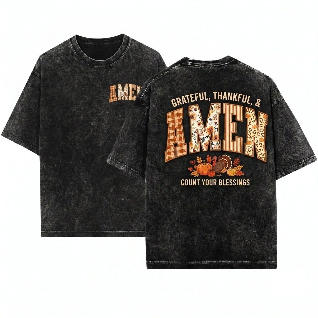 Amen Faux Embroidery Fall Faith Jesus Thanksgiving Vintage Christian Bible Verses Autumn Unisex Wash T-Shirt