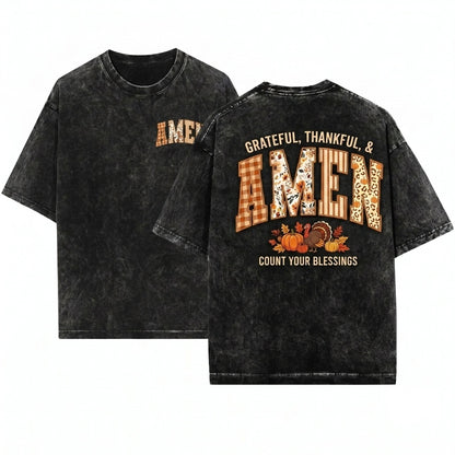 Amen Faux Embroidery Fall Faith Jesus Thanksgiving Vintage Christian Bible Verses Autumn Unisex Wash T-Shirt