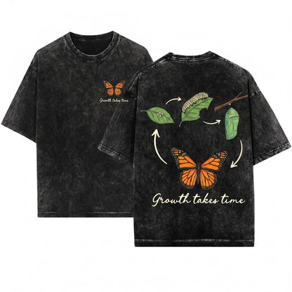 Vintage Butterfly Mental Health Positive Quote Growth Takes Time Inspirational Graphic Unisex Wash T-Shirt