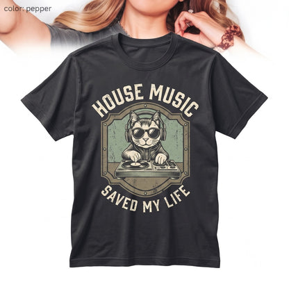 Funny Cute DJ Cat House Music Lover Vintage Rave Cropped Top Gift For Her Unisex TShirt