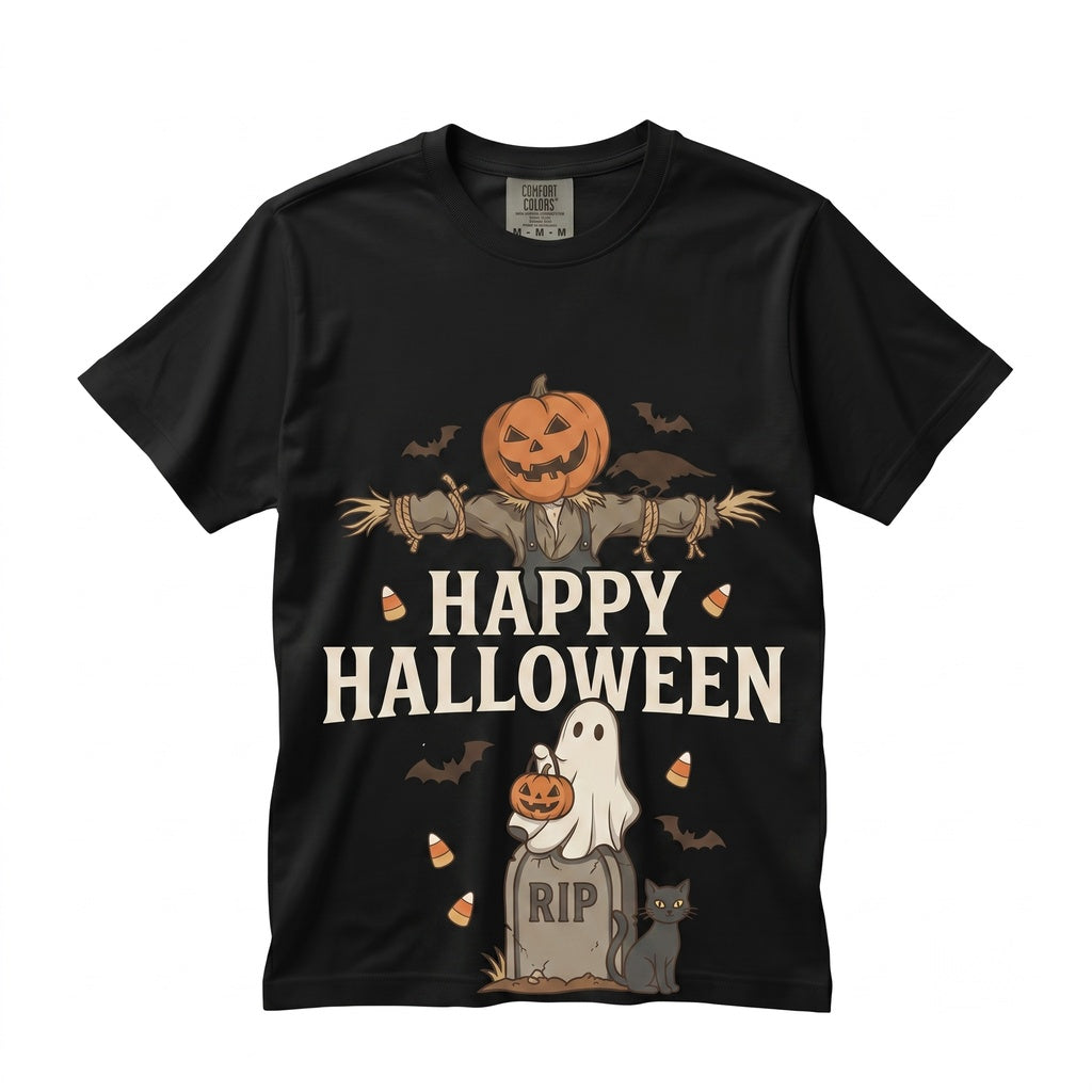 Vintage Happy Halloween Scarecrow Ghost Pumpkin Frankenstein Monster Hand Unisex TShirt