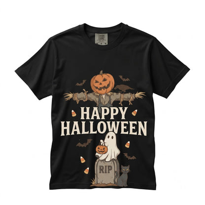 Vintage Happy Halloween Scarecrow Ghost Pumpkin Frankenstein Monster Hand Unisex TShirt