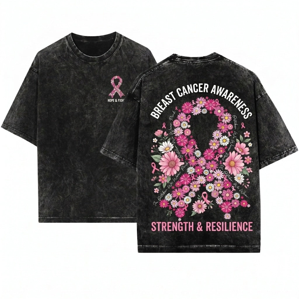 Daisy Floral Pink Breast Cancer Awareness Ribbon October Fight Preppy Unisex Wash T-Shirt