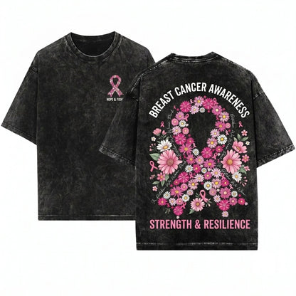Daisy Floral Pink Breast Cancer Awareness Ribbon October Fight Preppy Unisex Wash T-Shirt