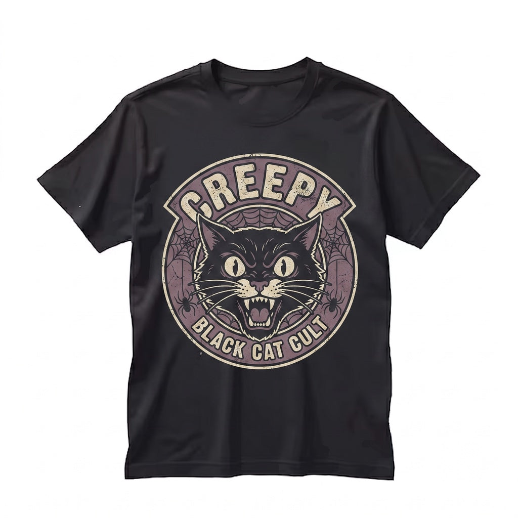 Spooky Creepy Black Cat Halloween Graphic Neon Gothic Witchy October Party Gift Unisex TShirt