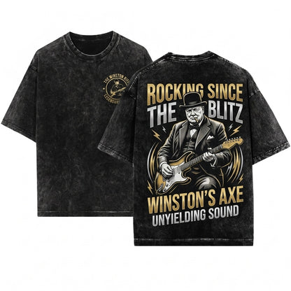 Winston Churchill Playing Electric Guitar Vintage Rocker Humor Historical Graphic Unisex Wash T-Shirt