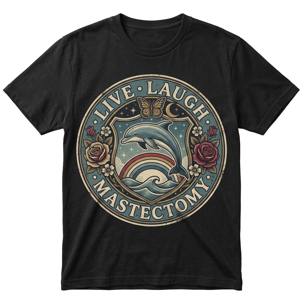 Live Laugh Mastectomy Funny Medical Humor Surreal Dolphin Art Breast Cancer Awareness Gift Cosmic Surgery Unisex TShirt